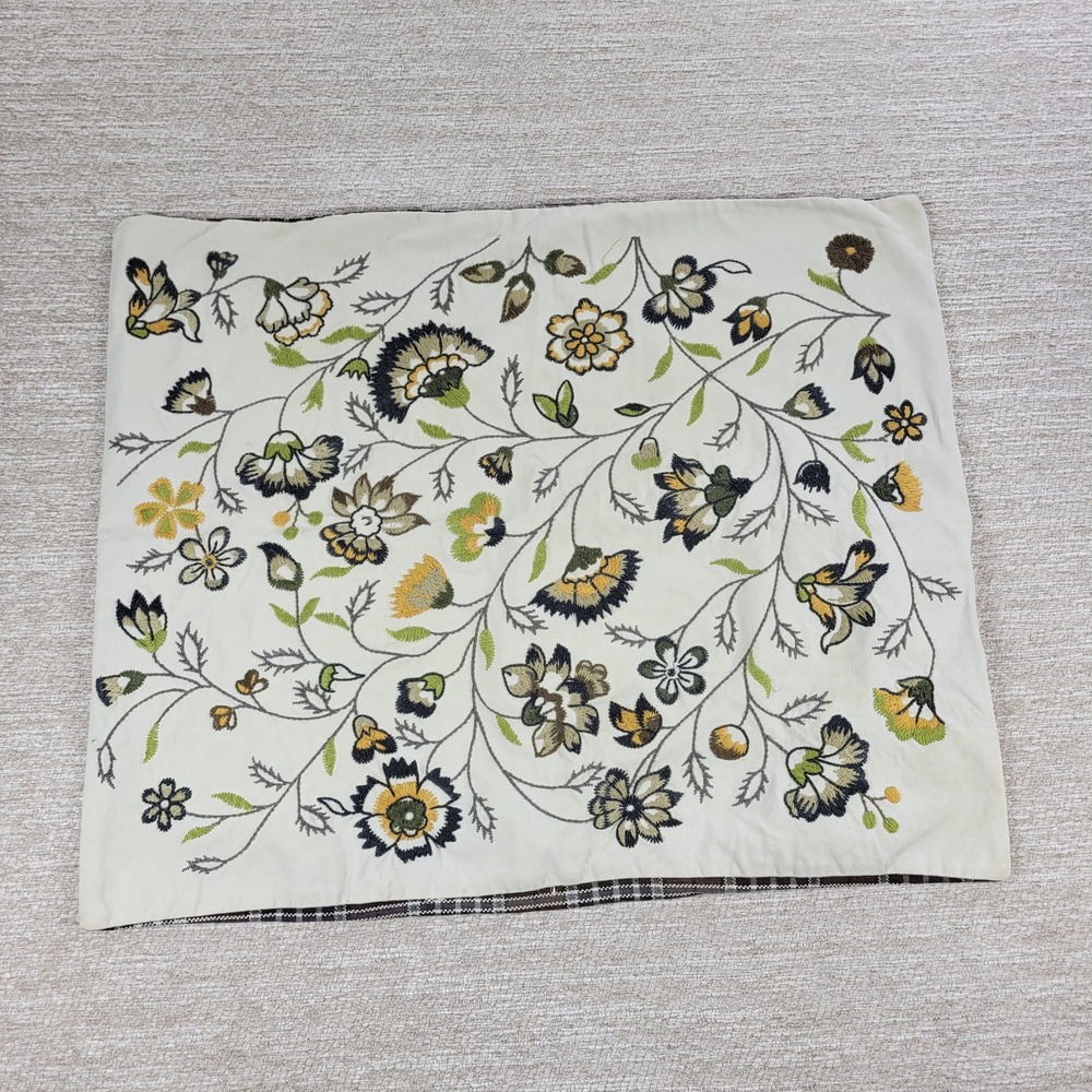 IKEA Alvine Lov Embroidered Floral Pillow Cover 20x24 Cream Cotton Plaid Back - Picture 4 of 16